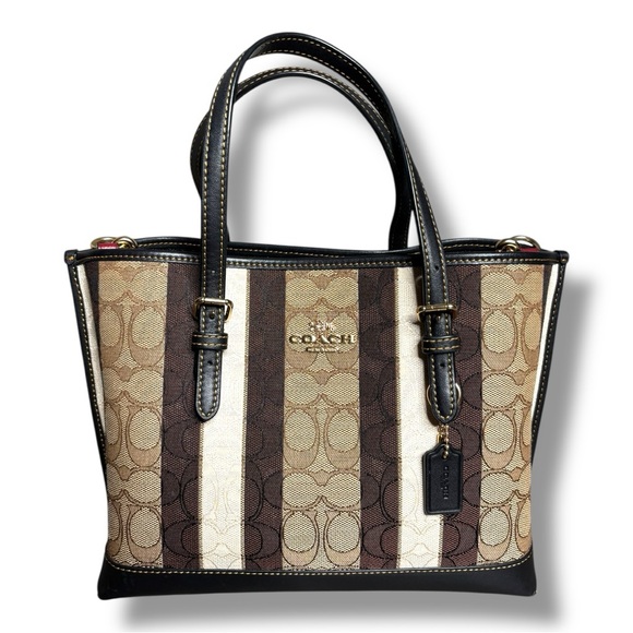 Coach Signature Stripe Tote in Brown, Tan, Cream (FIRM) - Picture 4 of 15